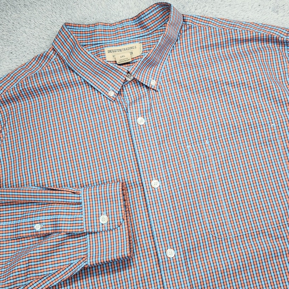 Duluth Trading WrinkleFighter Shirt Mens 2XL Blue Check Button Down Relaxed Fit